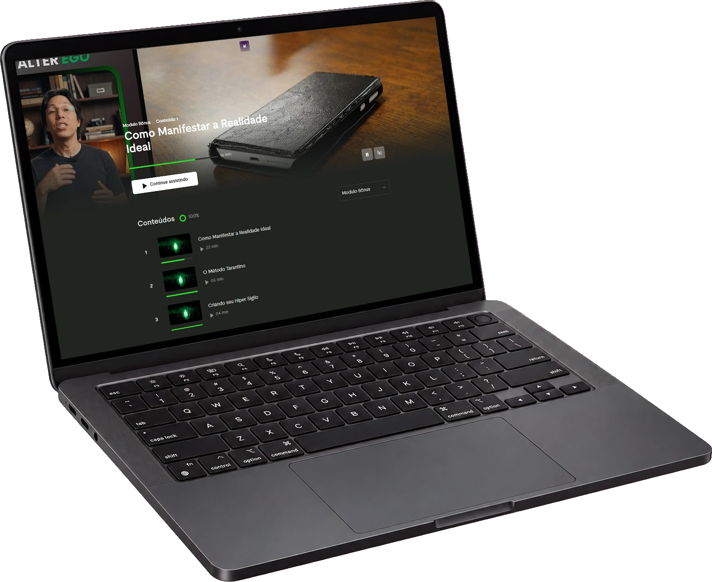 Módulo bônus dentro da área de membros, aberto num MacBook